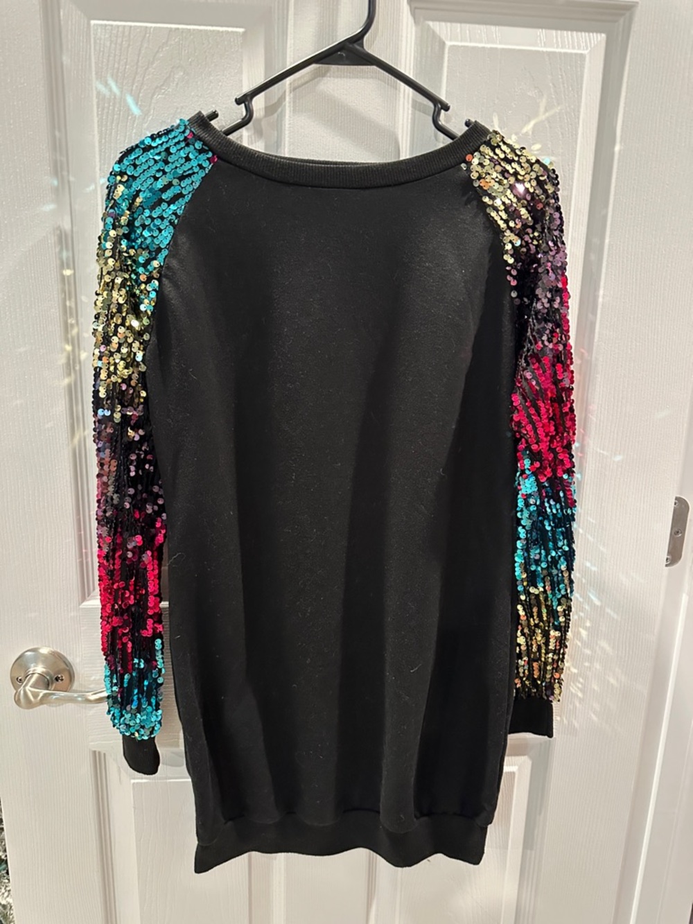 Black Sweater Dress with Multicolor Sequin Sleeves